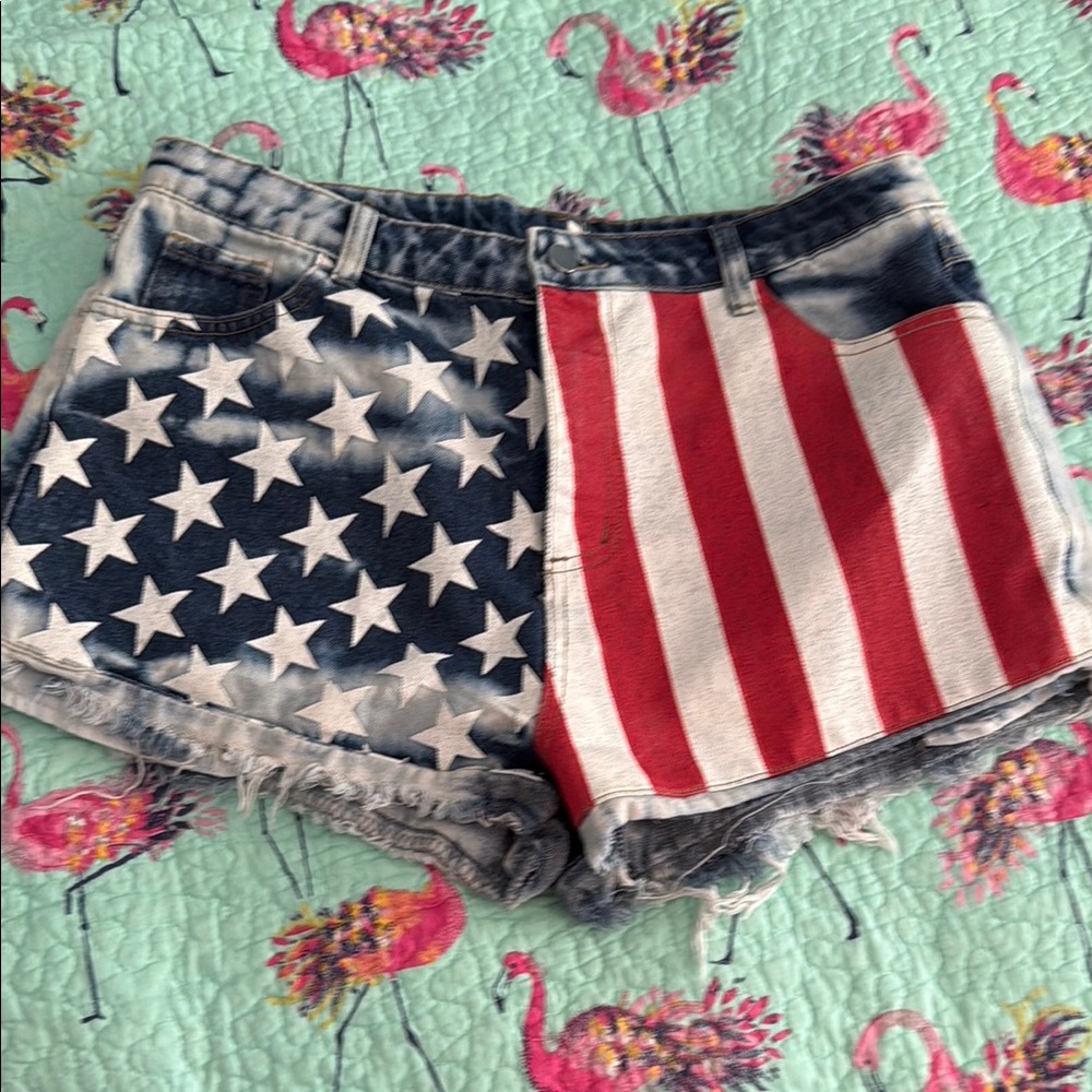 BiBi Red and White Jean Shorts Distressed Cut-Offs